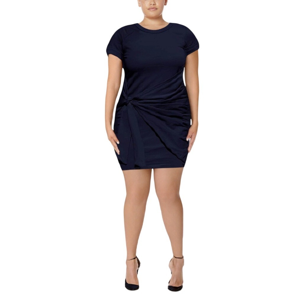 Navy Blue Short Sleeve‎ Tie Front Ruched Jersey Knit Mini T-Shirt Dress 2xl #796